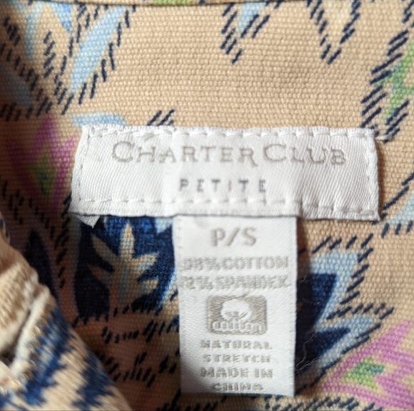 CHARTER CLUB Cotton Floral Denim Button Up Jacket Beige Size Petite Small - Picture 2 of 15